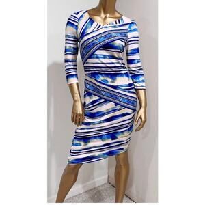 ECI New York Abstract Print Bodycon Dress Medium 3/4 Sleeve Blue White Tribal